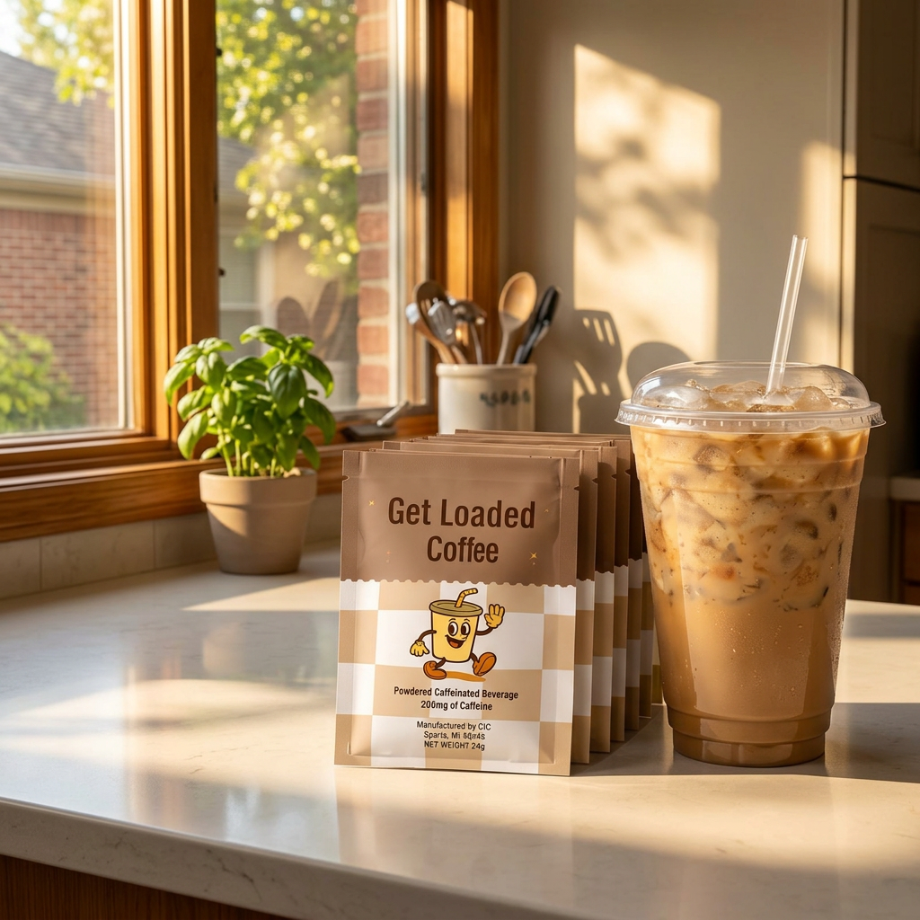 Get Loaded Coffee packages with a cup of iced coffee on a kitchen counter.